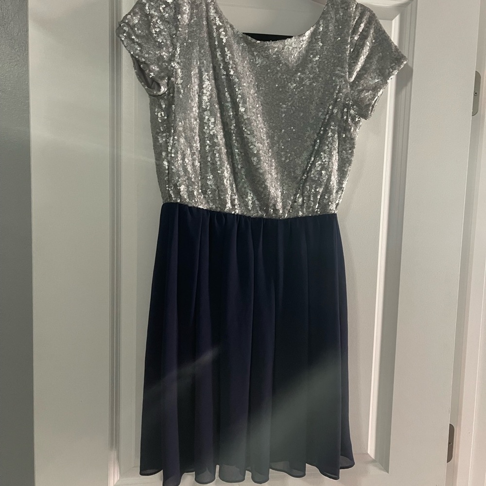 Silver sequins navy flowy dress